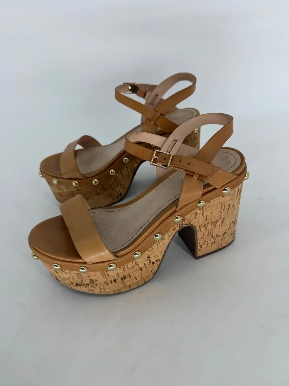 Schutz Cork Neutral Studded Open Toe Platform Sandal Size 7